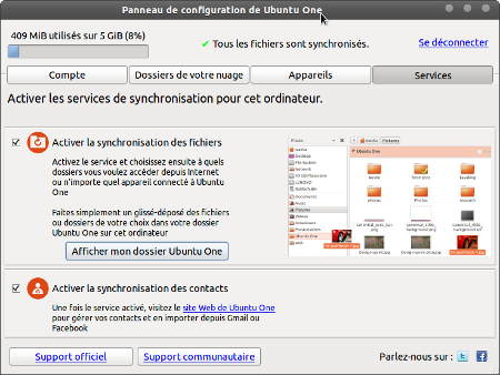 le panneau de contrôle d'Ubuntu One le panneau de contrôle d'Ubuntu One