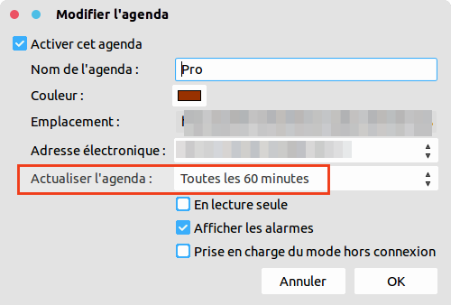 Propriétés de l'agenda